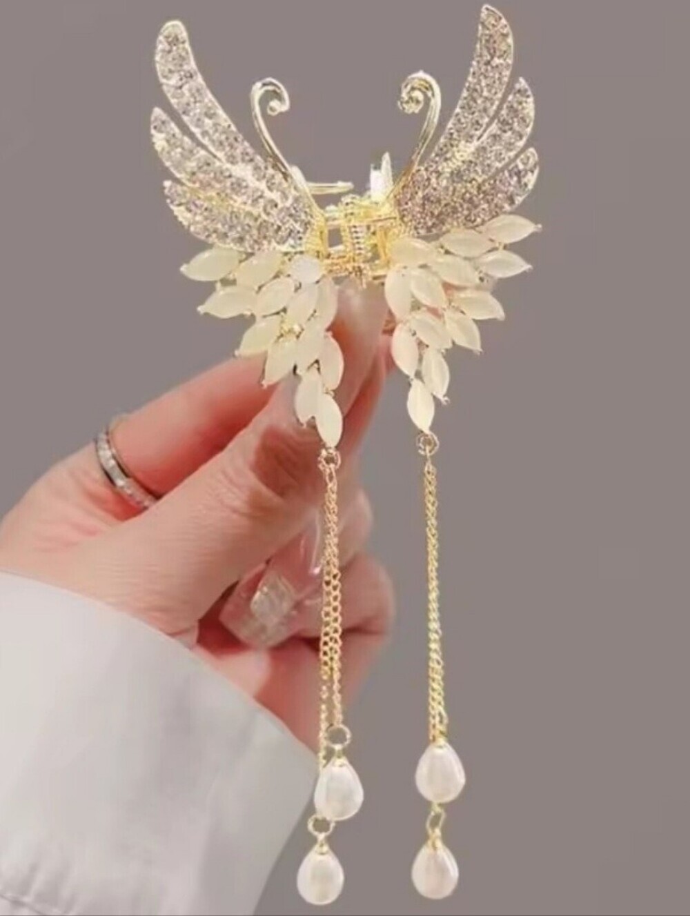 Brand New Gold Tone Butterfly Rhinestone Pearl Dangle Hair Claw Clip #2
